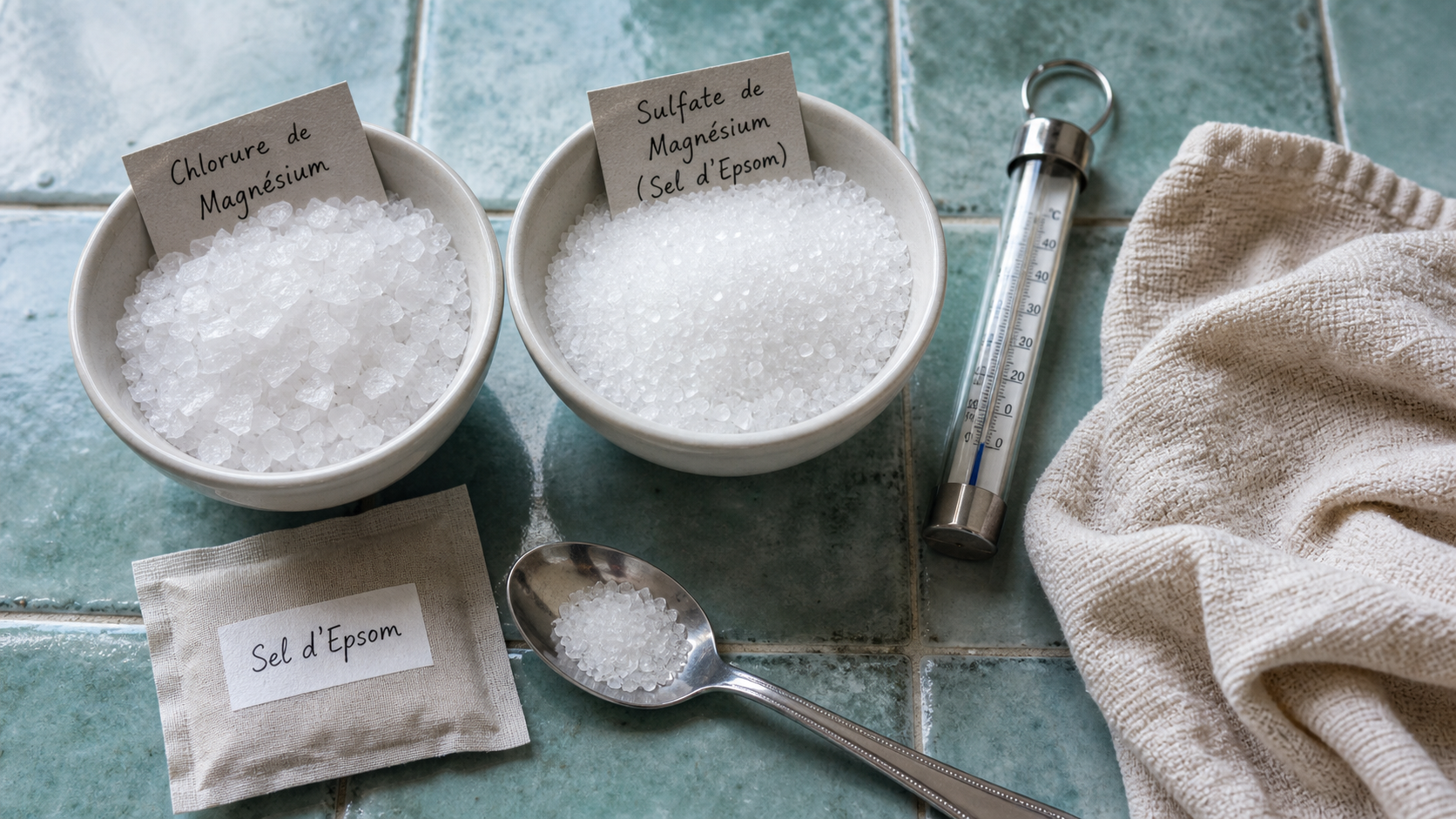 Magnesium flakes vs Epsom salt : flocons de chlorure de magnésium vs sel d’Epsom, bain 100°F-102°F