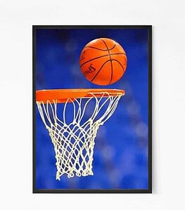 Basketball on Hoop Glass Framed Wall Poster