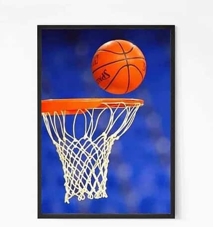Basketball on Hoop Glass Framed Wall Poster