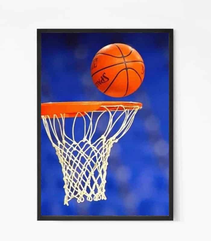 Basketball on Hoop Glass Framed Wall Poster