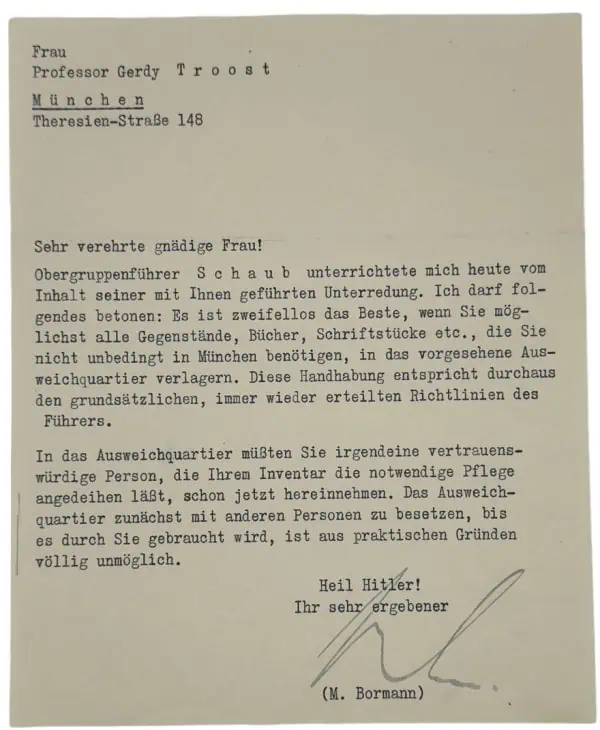 Historical letter from Professor Gerdy Troost to Frau in Munich, Germany.