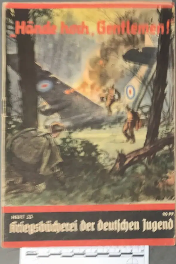Vintage WWII poster depicting soldiers and explosions in a forest battle scene.