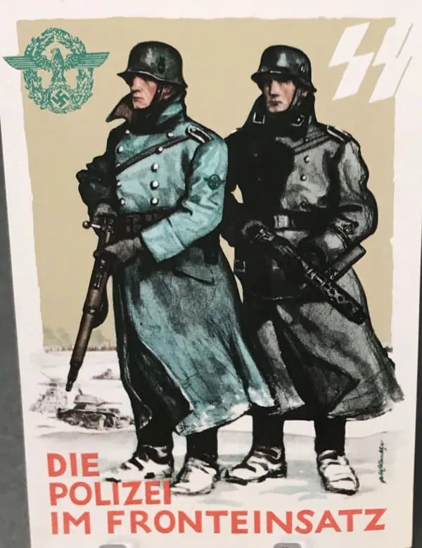 German WWII police officers in uniform with rifles, historical illustration.