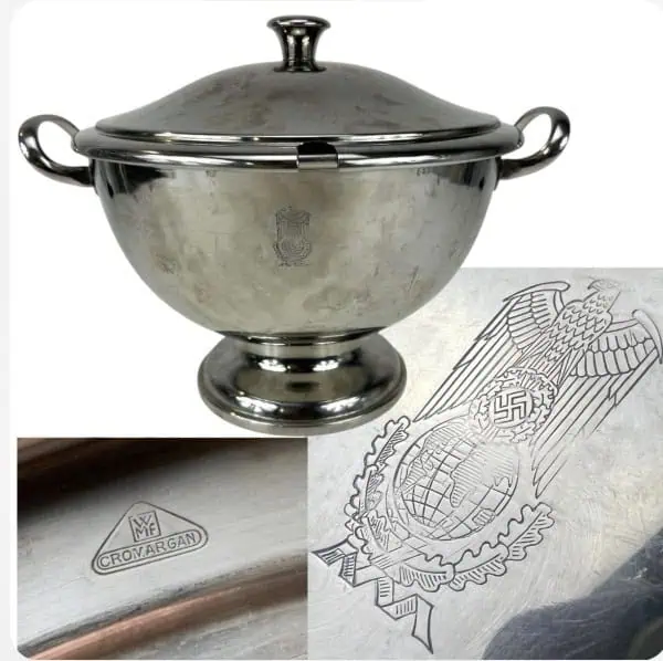 Vintage silver soup tureen with Nazi insignia and eagle emblem, historical wartime artifact.