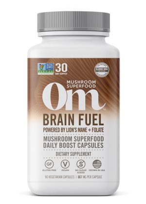 Om Brain Fuel Mushroom Superfood Capsules - with Lion's Mane, Reishi, and Folate for mental clarity.