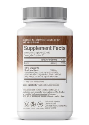 Om Brain Fuel Mushroom Superfood Capsules - with Lion's Mane, Reishi, and Folate for mental clarity.