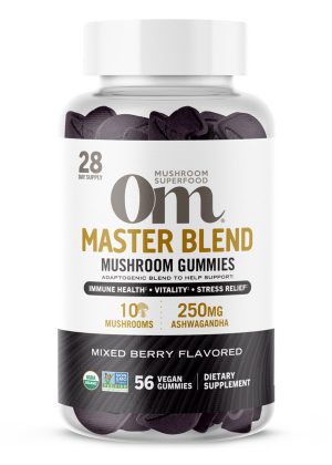 Om Master Blend Mushroom Gummies (Strawberry) - 10-mushroom blend gummies for immune and stress support.