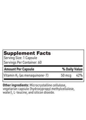 Vitamin K2 - 50 mcg of soy-free menaquinone-7 (MK-7) for bone and cardiovascular health.