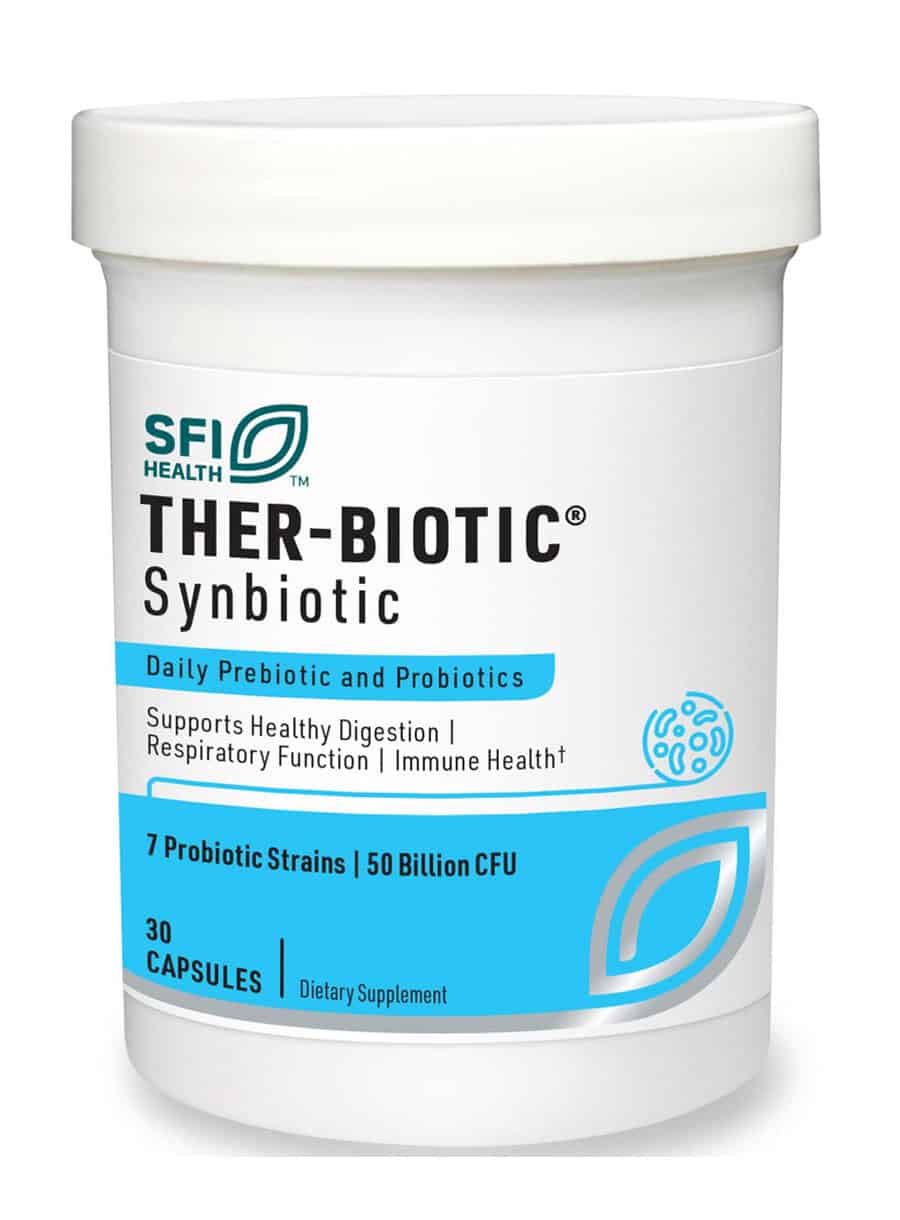 Ther-Biotic Synbiotic - 50 billion CFU, 7-strain shelf-stable probiotic with Sunfiber prebiotic.