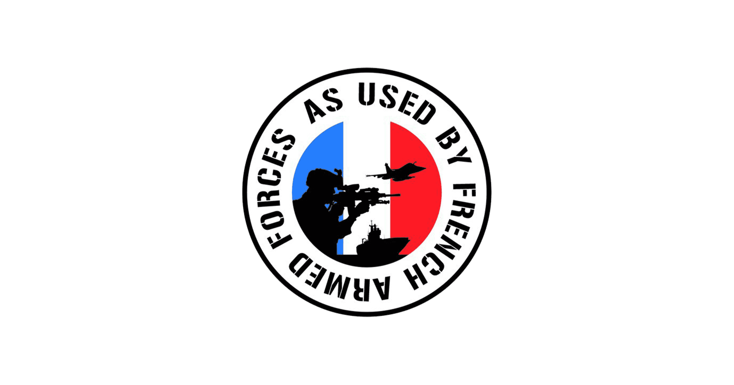 Emblem featuring a soldier aiming with a rifle, jets flying overhead, and a ship in the background with French national colors.