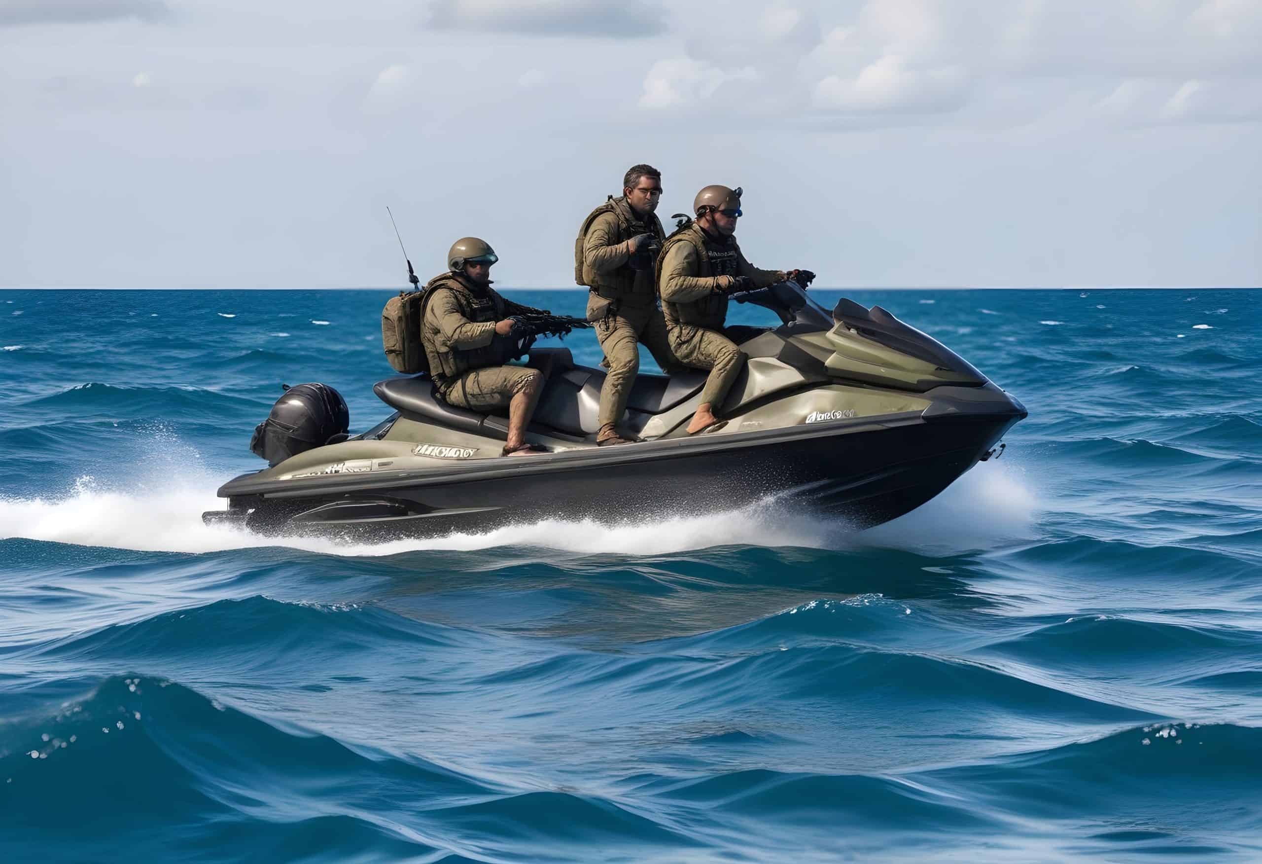 Military personnel in tactical gear riding a jet ski on open ocean.