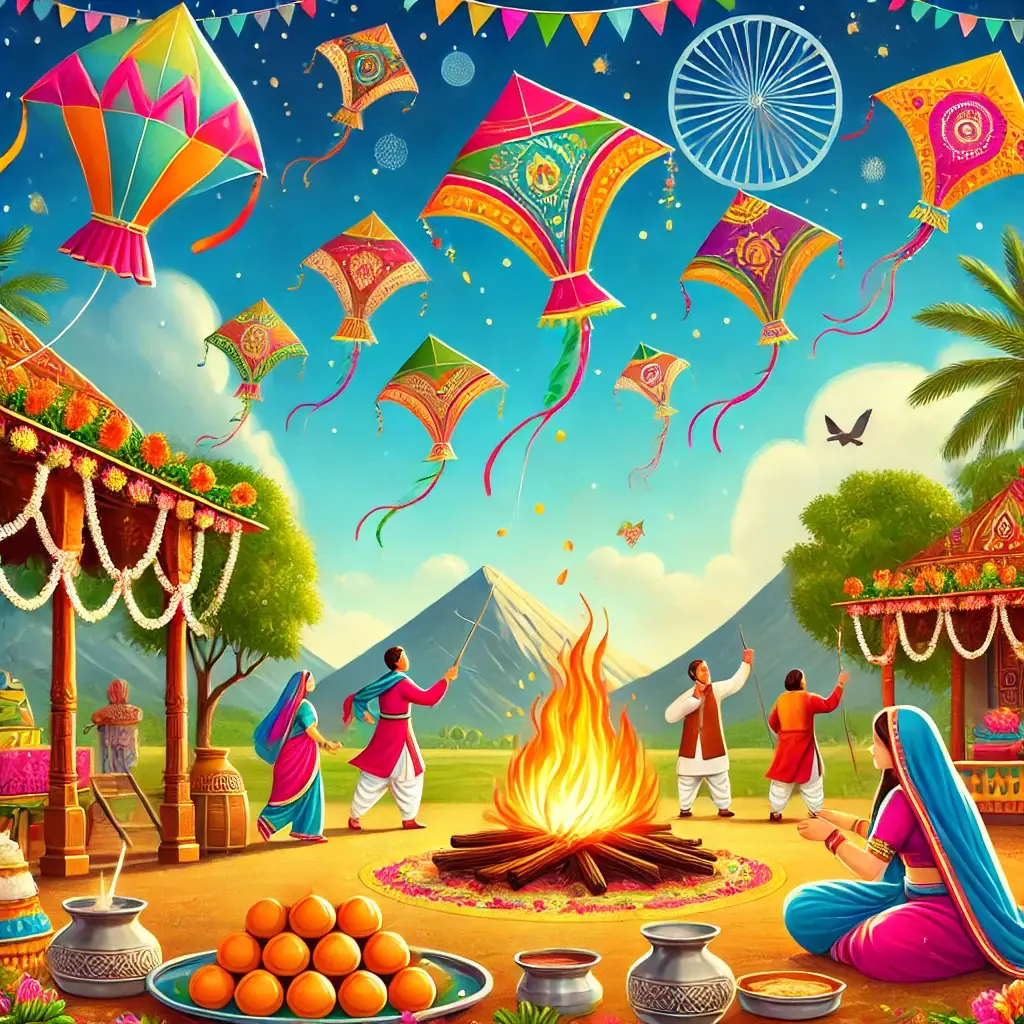 मकर संक्रांति के पर्व का उत्सव, रंग-बिरंगे पतंग आकाश में उड़ते हुए, जो खुशी और समृद्धि का प्रतीक हैं