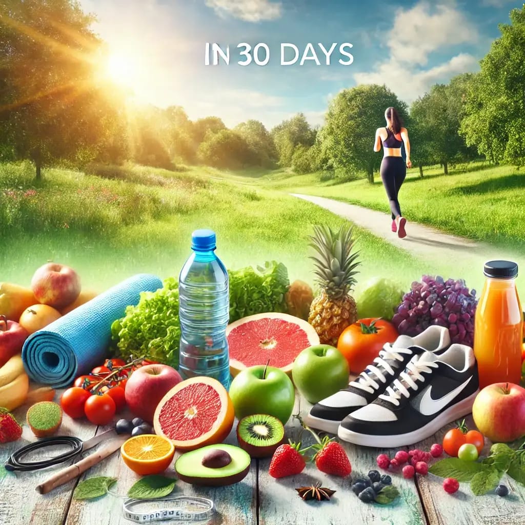 Healthy lifestyle essentials like fruits, vegetables, water bottle, yoga mat, and running shoes, representing health transformation in 30 days.