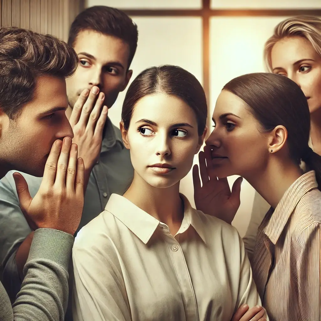 Signs someone is talking behind your back – A tense social setting with people whispering behind someone’s back, representing gossip and backtalk. devotion fit