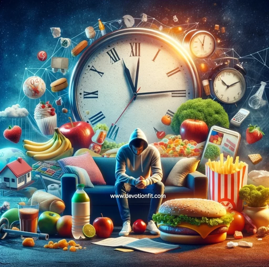A man sitting with head down surrounded by various unhealthy foods representing hidden health dangers