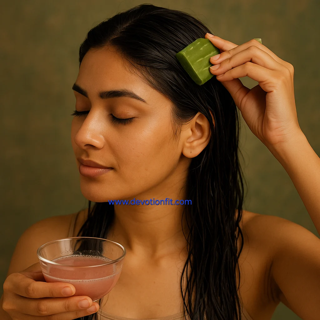 हार्मोनल इम्बैलेंस से बाल झड़ने का घरेलू इलाज करते हुए महिला प्याज रस और एलोवेरा का उपयोग करती हुई