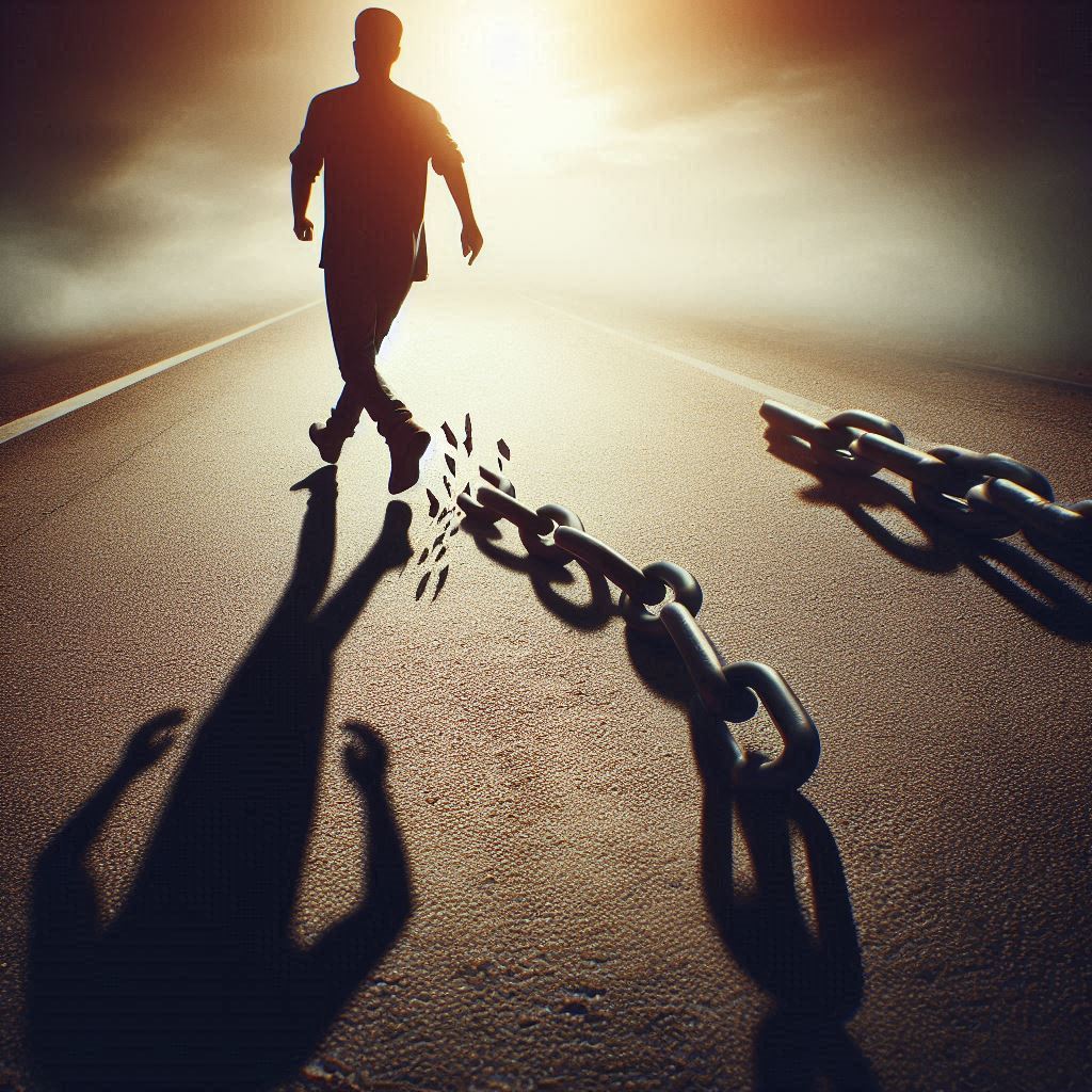 A person walking away with a broken chain from a shadowed figure behind, symbolizing toxic friendship warning signs.
