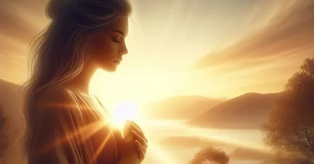 Devotional Story of Faith and Hope featuring a woman praying at sunrise, symbolizing spiritual awakening and inner peace