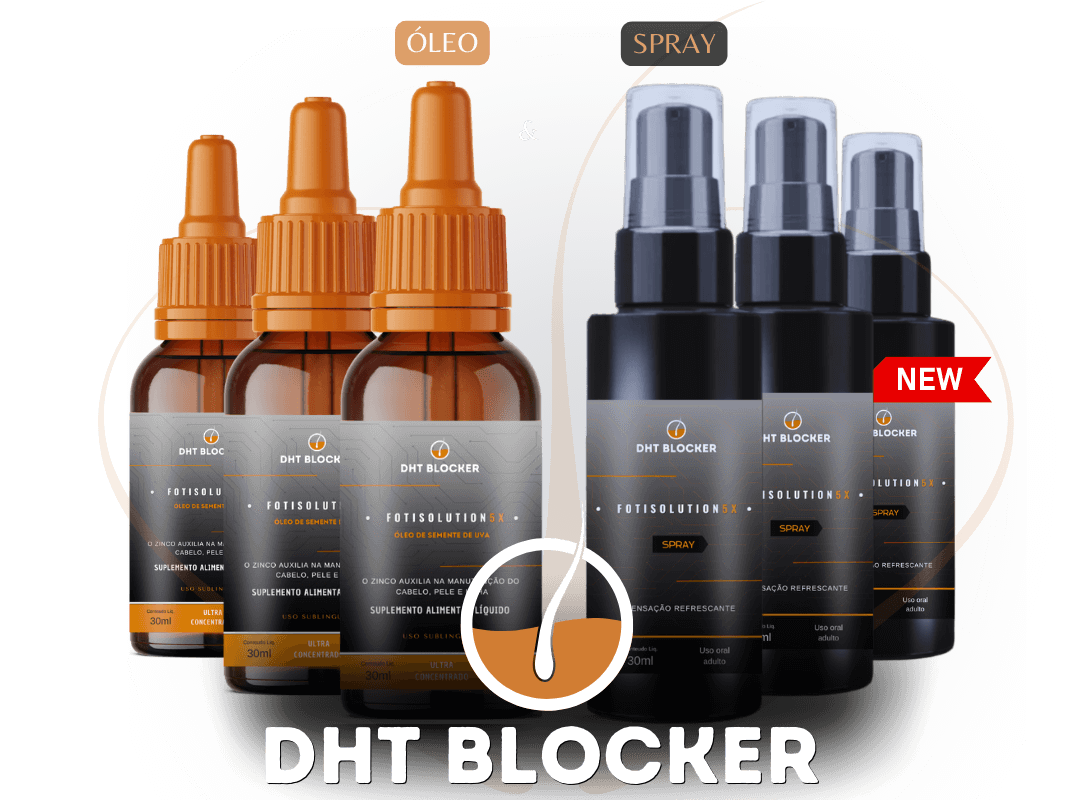Frasco do DHT Blocker em spray, único com tecnologia FOTI-SOLUTION5x para restauração capilar.