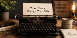 Vintage typewriter with a paper that reads "Your Story, Change Your Life" symbolizing storytelling and personal growth. Perfect for motivational and branding content related to impactful communication.