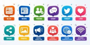 An infographic showcasing various digital marketing icons including blog, news, social media, and online communication tools, emphasizing innovative media strategies.