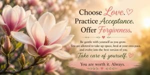 Beautiful magnolia flowers with a motivational quote about love, acceptance, forgiveness, and self-care, emphasizing personal growth and self-worth.