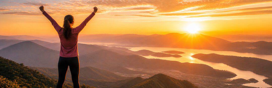 Woman standing on mountain peak with arms raised at sunrise, symbolizing celebration and appreciation for those making a difference.