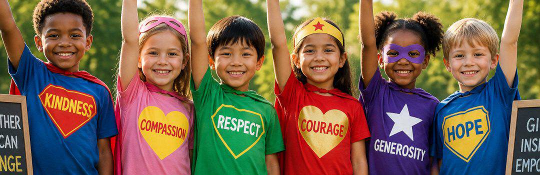 Group of diverse children wearing superhero capes with words like kindness, compassion, respect, courage, generosity, and hope, symbolizing community empowerment and positive change.
