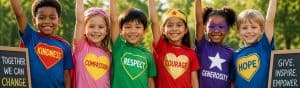 Group of diverse children wearing superhero capes with words like kindness, compassion, respect, courage, generosity, and hope, symbolizing community empowerment and positive change.