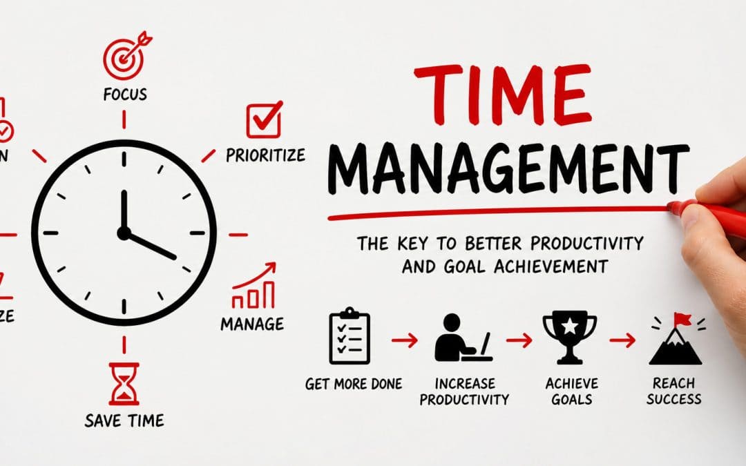 Visual representation of time management strategies including planning, prioritizing, organizing, and managing time to boost productivity and achieve goals.