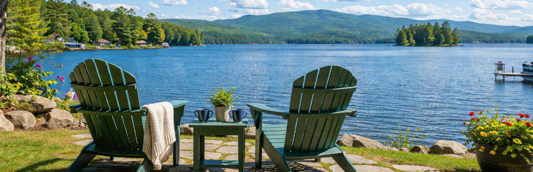 Two Adirondack chairs on a lakeside lawn with a view of calm water, trees, and mountains, perfect for recharging and enjoying nature's tranquility.