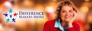 Logo of Difference Makers Media alongside a smiling woman, representing community engagement and media solutions for positive impact.
