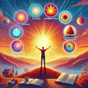 Colorful spiritual illustration of a person surrounded by symbols representing silence, affirmations, vision boards, and scripting, emphasizing personal growth and mindfulness with vibrant sunset hues.