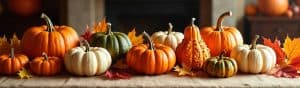 A vibrant arrangement of pumpkins and fall leaves on a wooden surface, symbolizing gratitude and harvest season, perfect for reflecting appreciation and thankfulness.