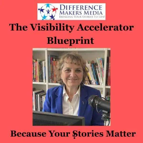 Professional woman speaking in front of bookshelves, promoting visibility and impact for storytellers and content creators.