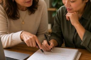 Two women collaborating on a business plan, discussing strategies and ideas at a wooden table with notebooks and a laptop, emphasizing teamwork and professional growth.