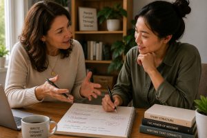 A woman is gesturing to a student about how to tell her story