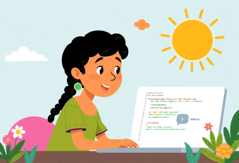 javascript coding for kids. Hispanic context. Illustration style