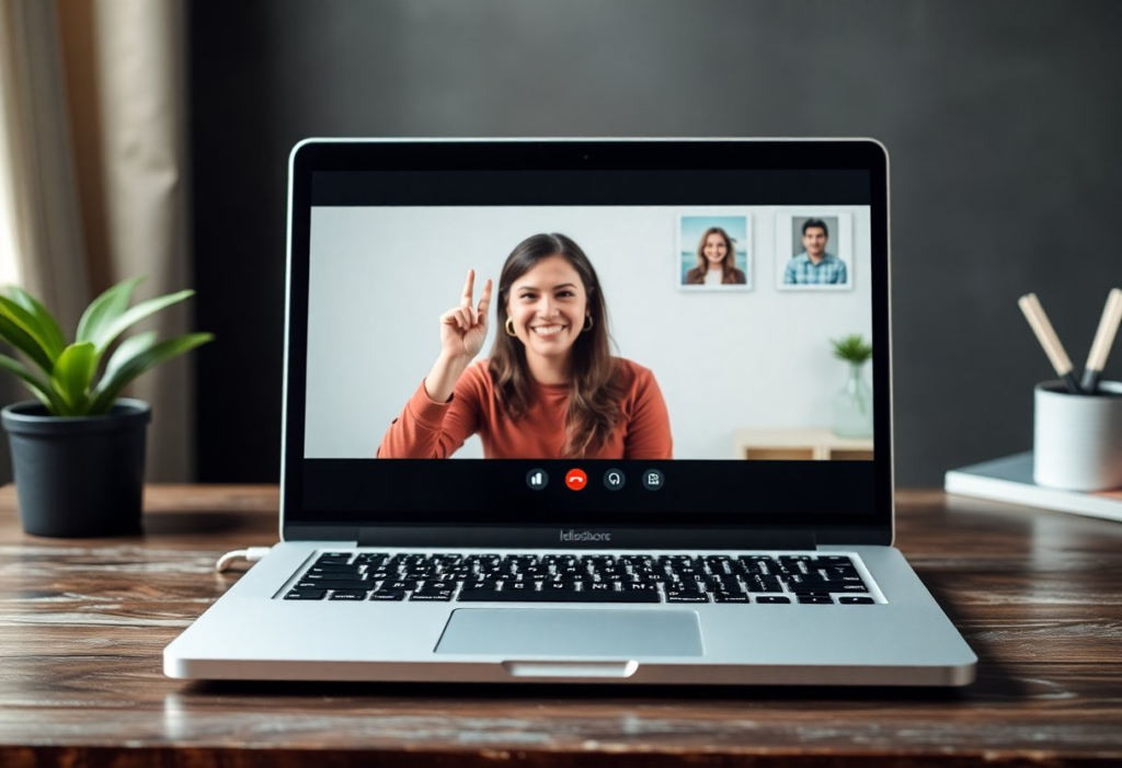 video-call on laptop concept. Hispanic context