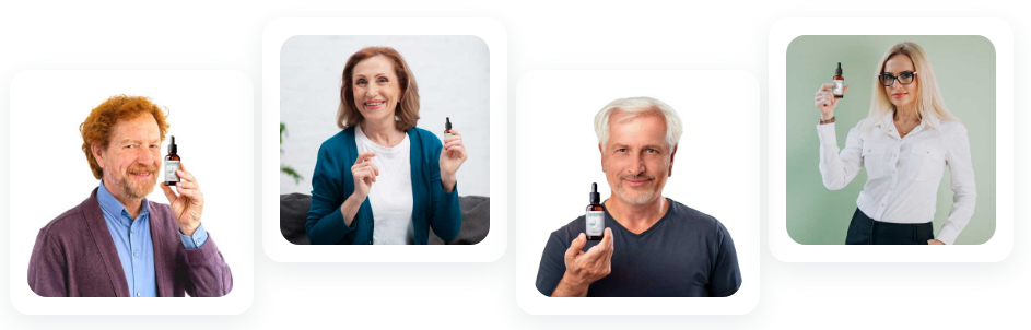 Group image of four diverse Audifort users of different ages and genders, each happily holding a bottle of the supplement, symbolizing broad customer satisfaction.