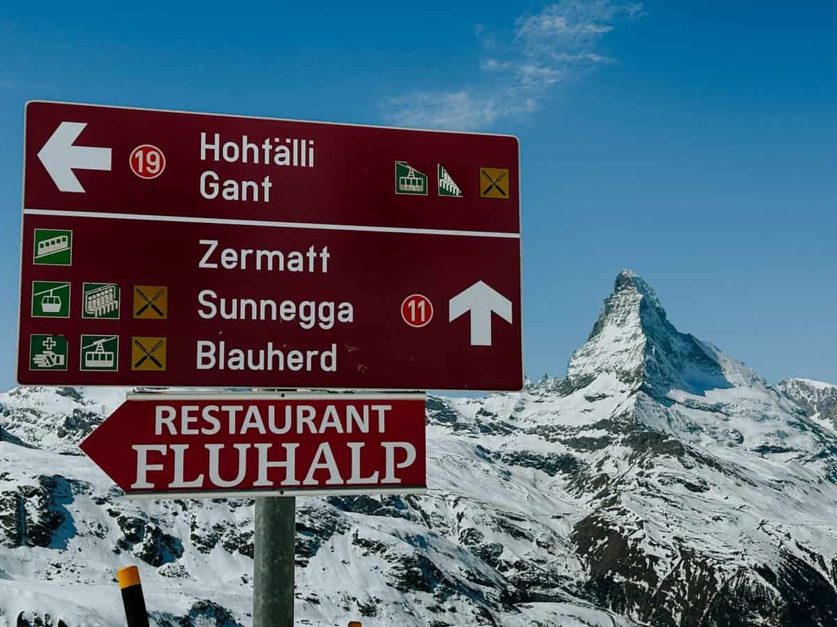 Zermatt piste sign at Sunnegga, in front of the Matterhorn.