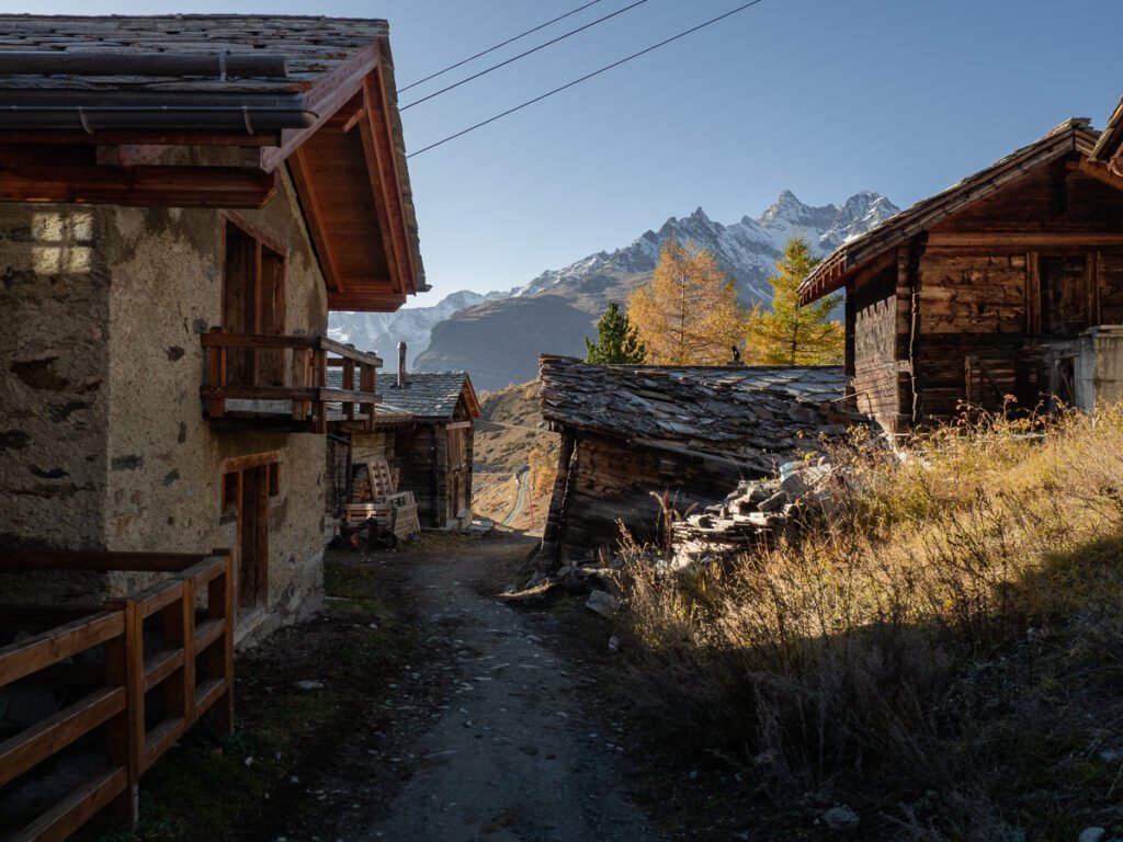 Mountain huts and mountain views in Sunnegga, Swiss Alps.