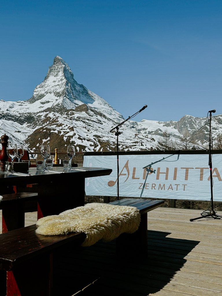 Microphones and tables on the Alphitta terrace in Zermatt.