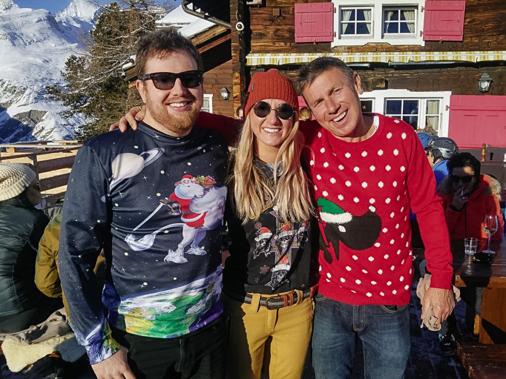 Friends celebrating Christmas at après ski, Alphitta, Zermatt.