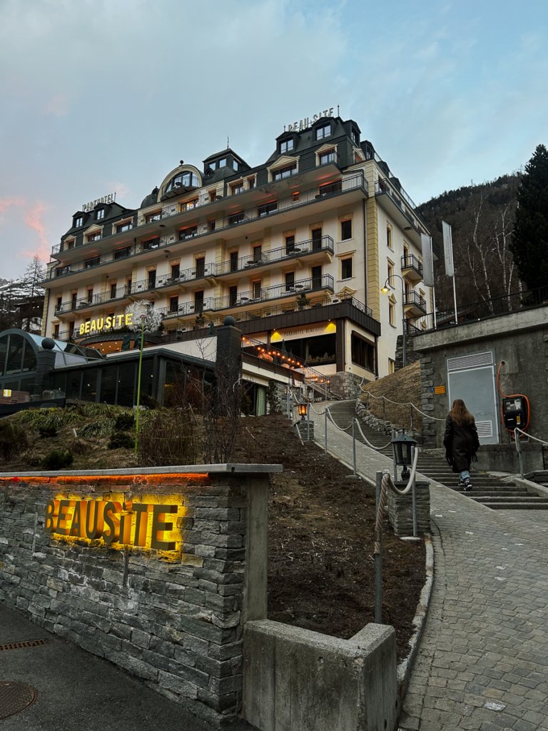The Beausite Hotel Zermatt at sunset.