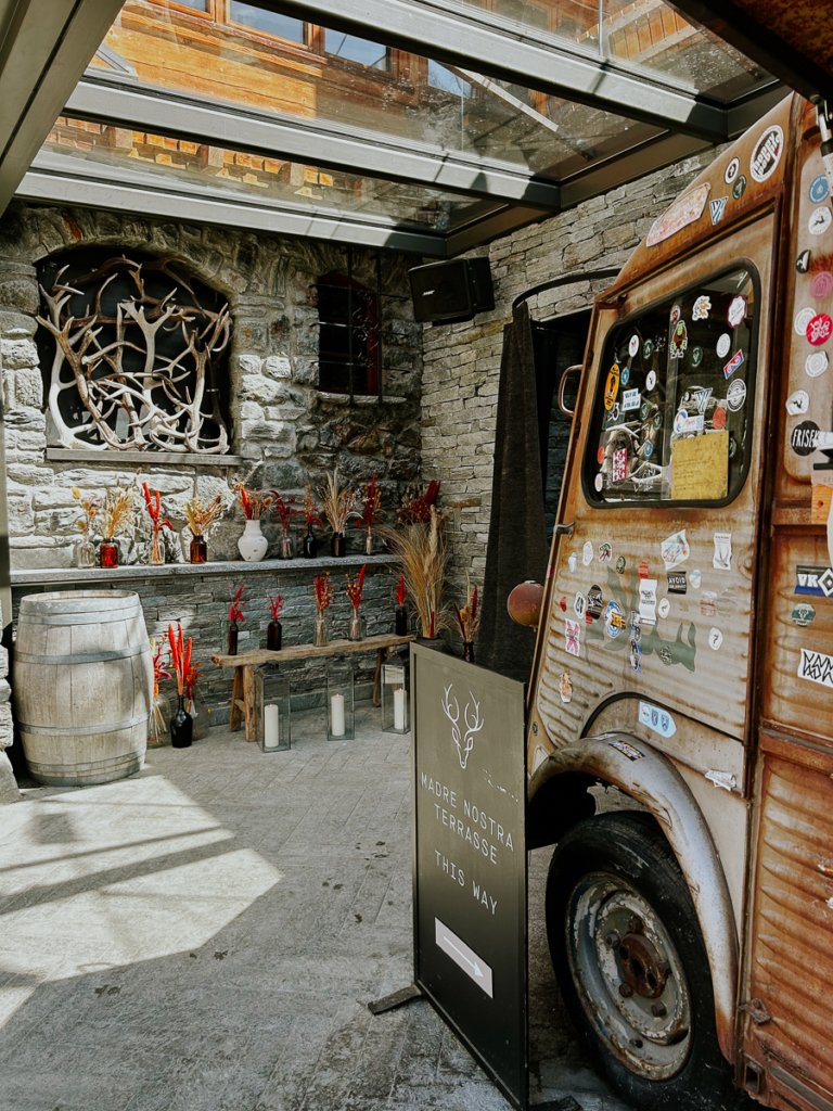 Entrance and truck bar at Cervo, Zermatt.