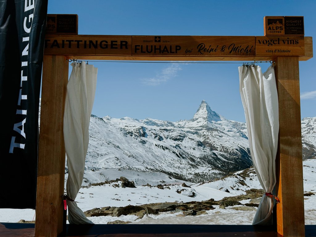 The view of a snow covered Matterhorn from Fluhalp.