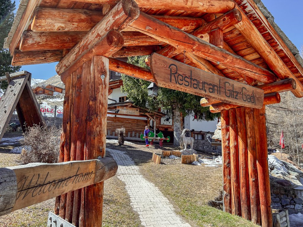 Gitz Gadi large wooden restaurant entrance in Zermatt.