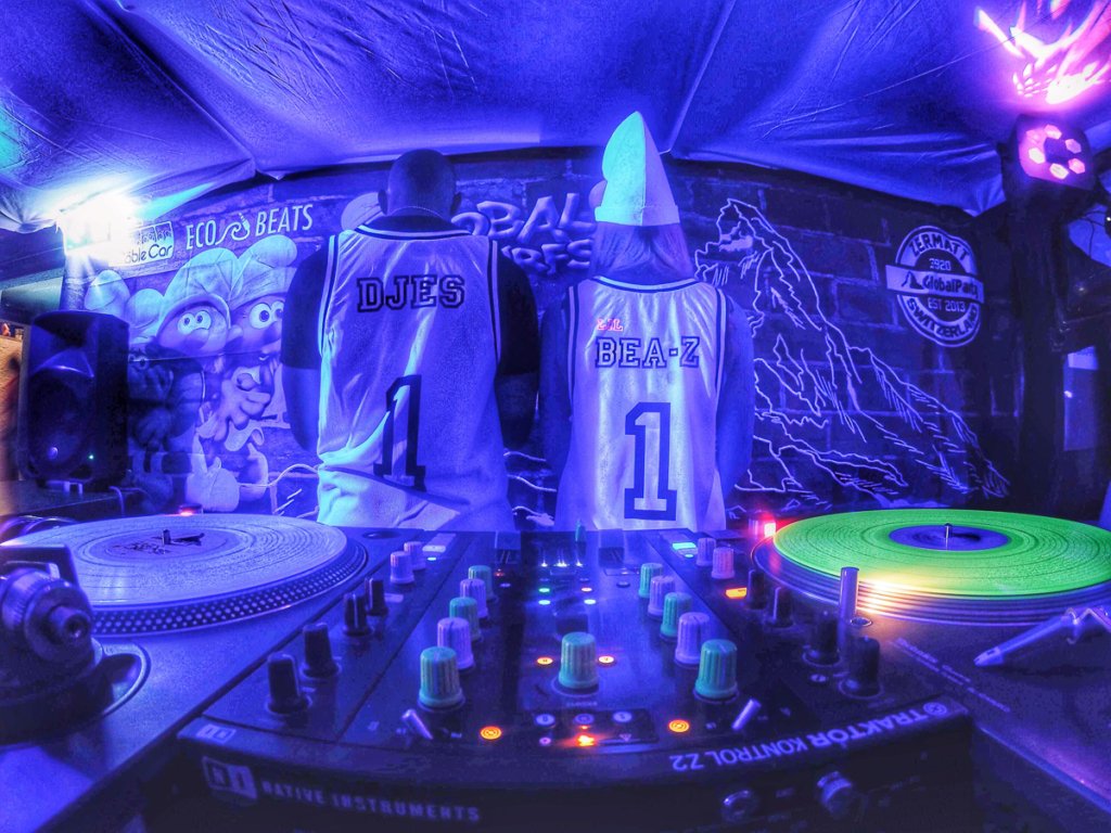 DJs at the Global Smurfs party in Zermatt.