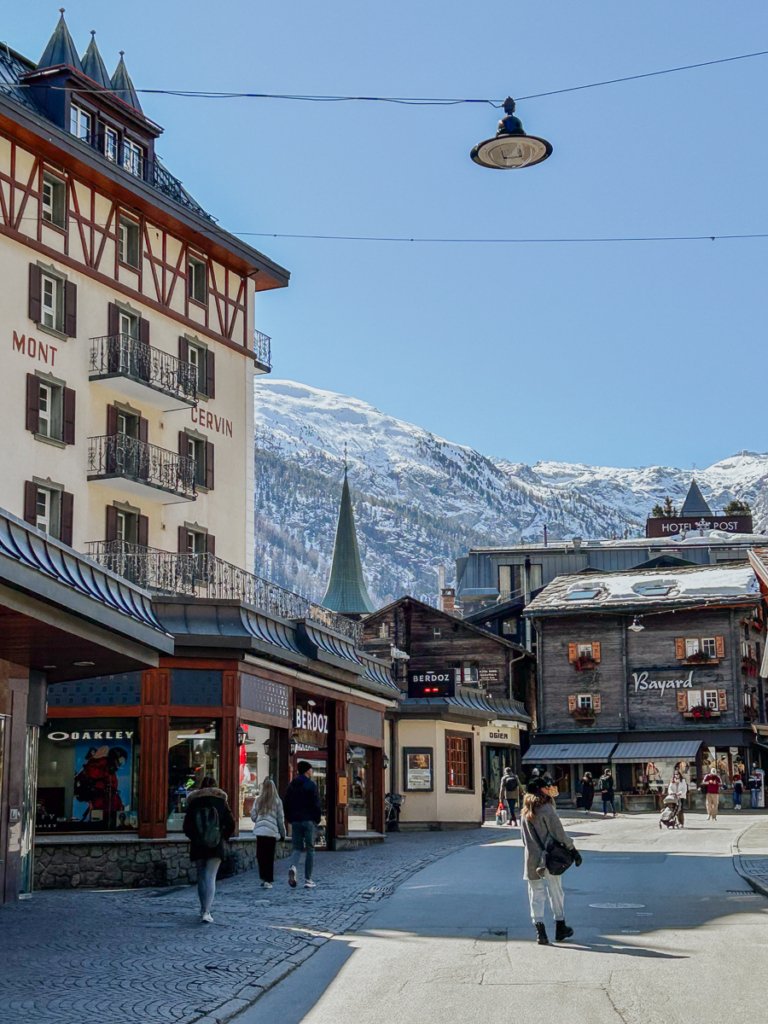 Shops and hotels on Zermatt high street.